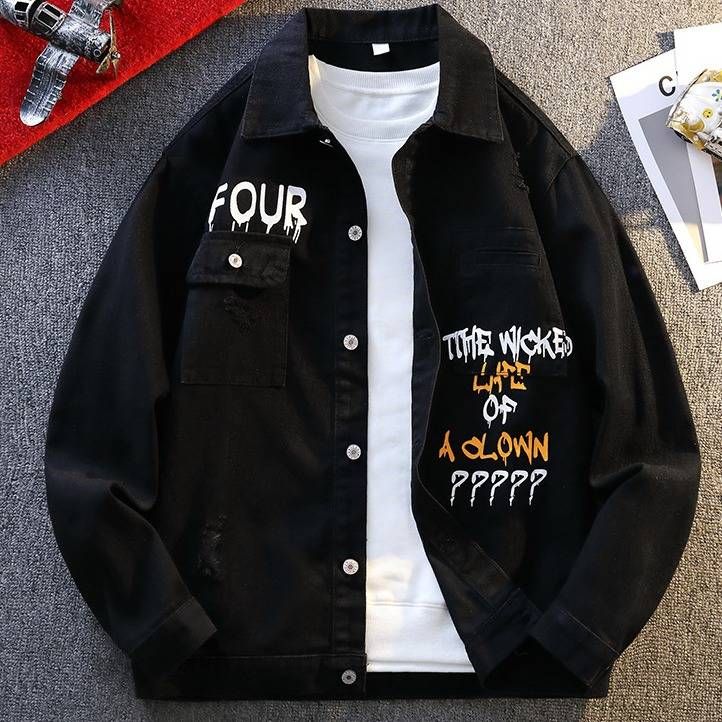 Men’s Fleece-Lined Distressed Denim Jacket – Winter-Ready Printed Lettering Coat (Black/Light Blue) – Trendy Streetwear Essential_mkmklike.com