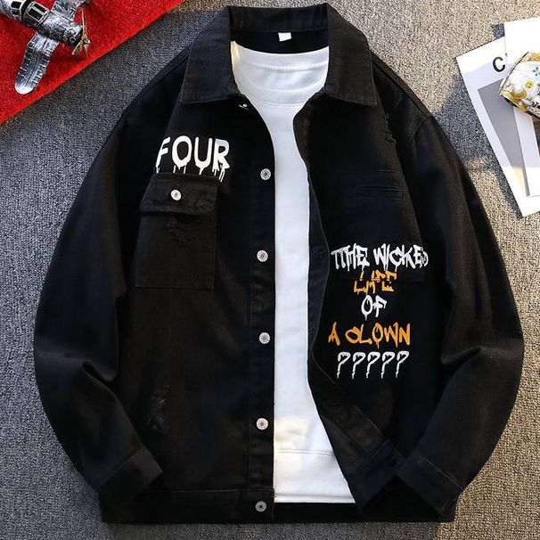 Men’s Fleece-Lined Distressed Denim Jacket – Winter-Ready Printed Lettering Coat (Black/Light Blue) – Trendy Streetwear Essential_mkmklike.com