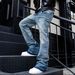 Men's Clothing Men's Trendy Loose Wide Leg Pants Retro Washed Distressed Gray Splatter Paint Curved Blade Jeans_mkmklike.com