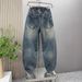 "Streetwear Straight-Leg Jeans For Tall Men – Distressed Denim, Rope Drawstring Waist, Baggy Cargo Pants With Hand-Painted Details_mkmklike.com