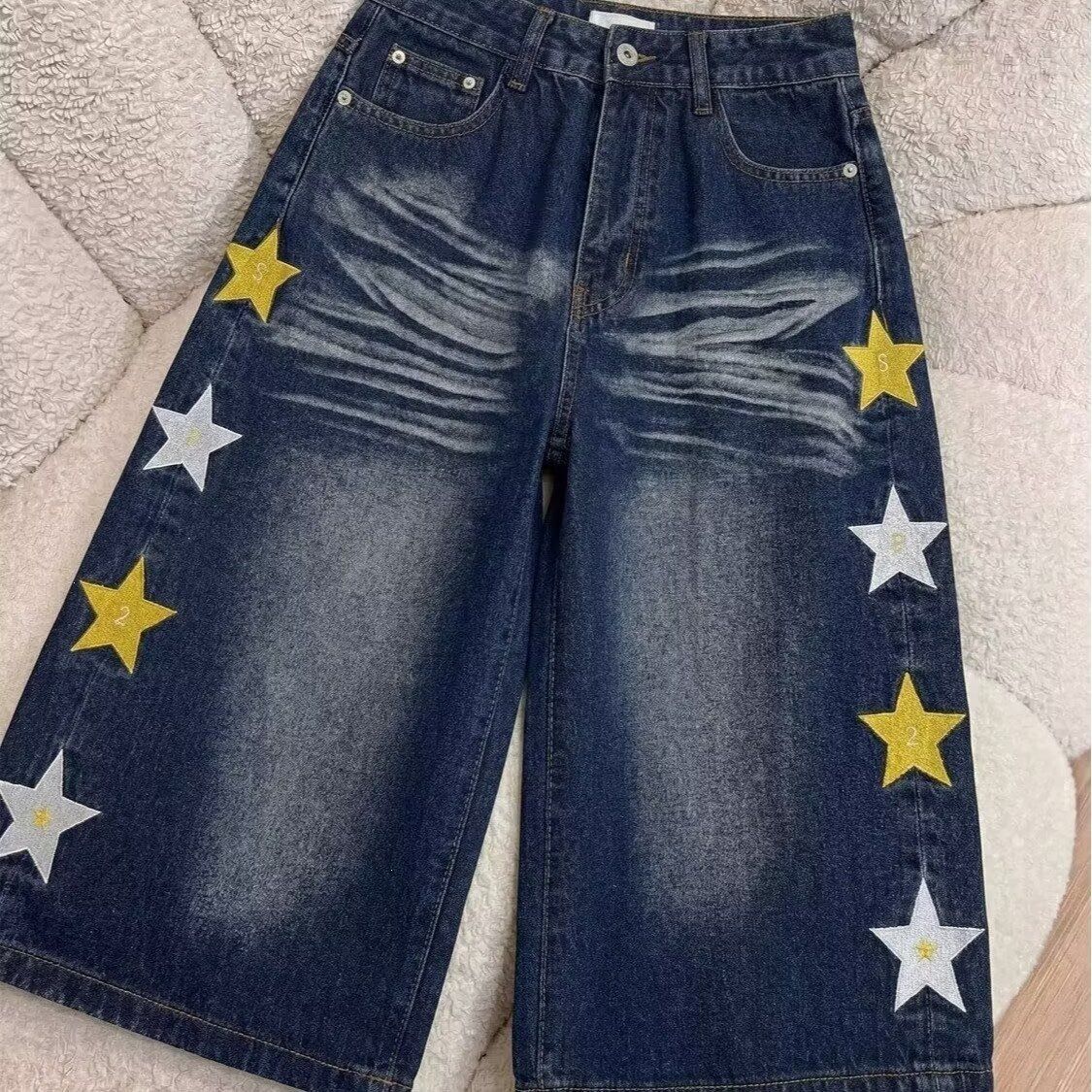 Men's High Waist Relaxed Fit Denim Shorts With Vintage Faded Starfish Print, Casual Wide Leg Cropped Beach Trousers_mkmklike.com