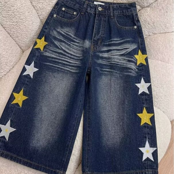 Men's High Waist Relaxed Fit Denim Shorts With Vintage Faded Starfish Print, Casual Wide Leg Cropped Beach Trousers_mkmklike.com