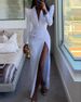 Women's white wide shoulder waist high slit fashion dress_mkmklike.com