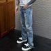Men's High-Waisted Slim Fit Distressed Denim Jeans With Splash & Burn Design, Straight Leg, Classic Blue_mkmklike.com