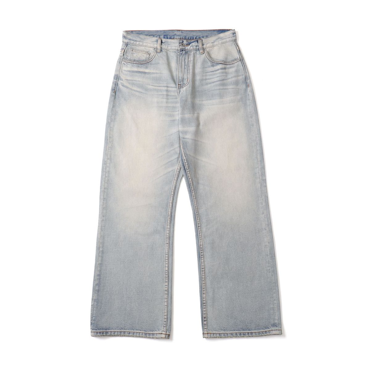 Men's Clothing Menswear | 25AW Kanglong Cream Ice Blue Pleated Washed A Line Straight Wide Leg Light Blue Jeans_mkmklike.com