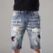Men's Distressed Denim Shorts With Vintage Print - Comfortable Cotton Casual Streetwear For Summer_mkmklike.com