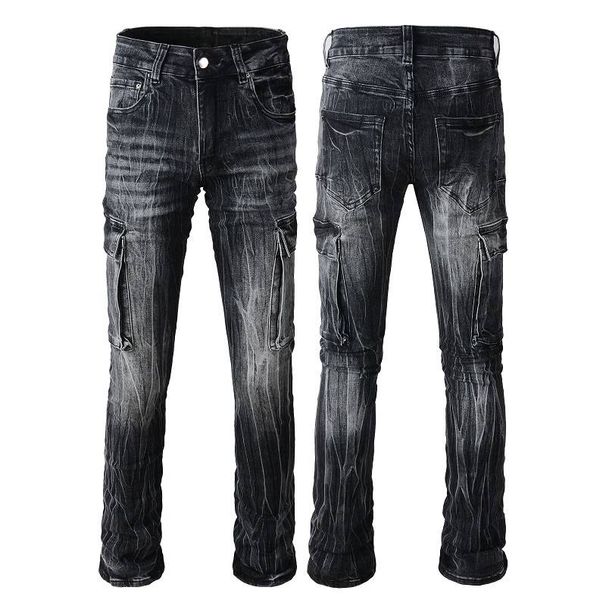 Lightning cracks grey fashion wash men cargo jeans motorcycle biker Multi pocket Vintage men designers trousers_mkmklike.com
