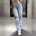 Women's Clothing Ripped Jeans Women's High Waist Straight Casual Pants Light Blue_mkmklike.com
