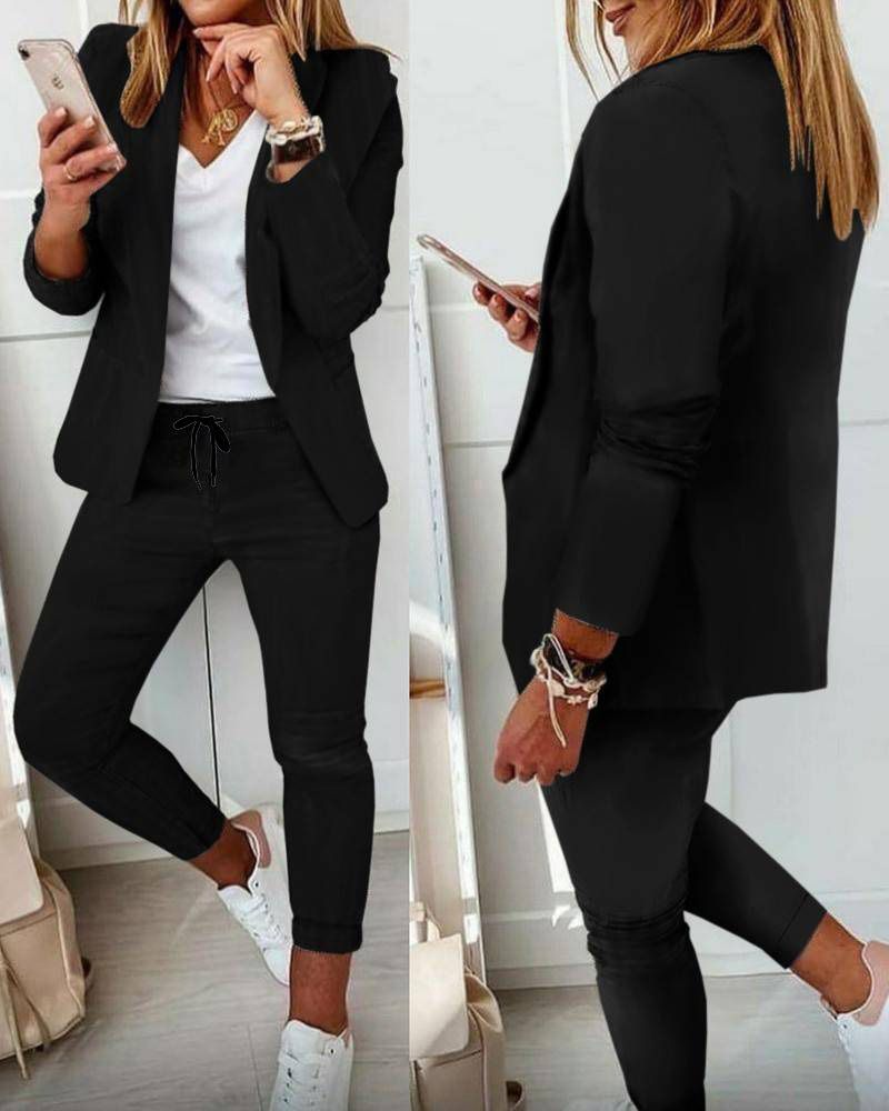 Women's Solid Color Professional Suit Set - Commuting Style Blazer & Pants | Office Workwear Outfit_mkmklike.com