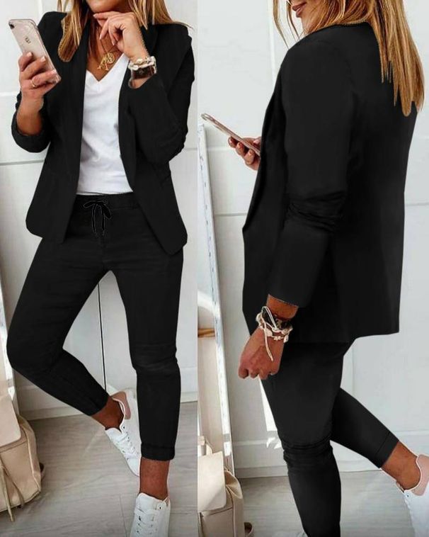 Women's Solid Color Professional Suit Set - Commuting Style Blazer & Pants | Office Workwear Outfit_mkmklike.com