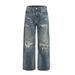 Vintage Washed Blue Distressed Patchwork Denim Jeans With Silver Selvedge & Whiskering - Straight Leg Relaxed Fit For Men & Women_mkmklike.com