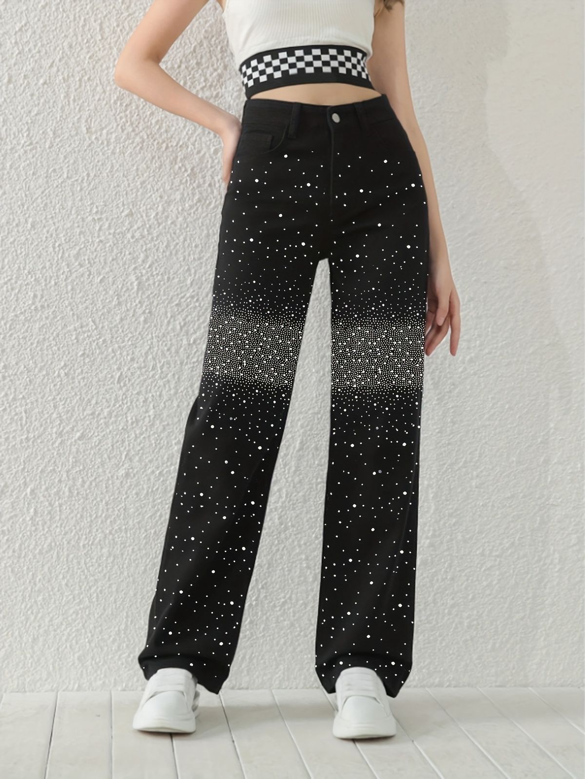 High-Waisted Straight-Leg Jeans – Black Rhinestone Gradient Embellished Denim For Women_mkmklike.com