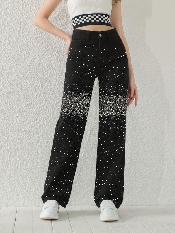 High-Waisted Straight-Leg Jeans – Black Rhinestone Gradient Embellished Denim For Women_mkmklike.com
