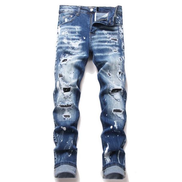 Men's Skinny Jeans Ripped Paint Splatter Patches Korean Style Denim_mkmklike.com