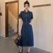 Women's Clothing High End Polo Collar Denim Dress Summer Split Belt Design Niche Temperament Long Skirt_mkmklike.com
