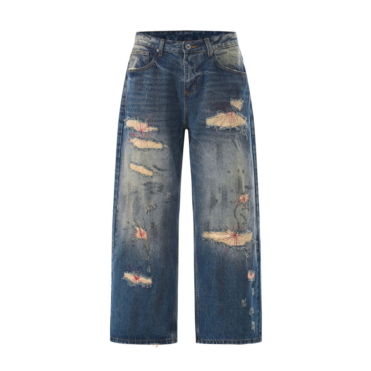 Men's Loose Straight Blue Washed Graffiti Distressed Jeans - High Waist Relaxed Fit Casual Denim Pants For Teens & Young Adults_mkmklike.com
