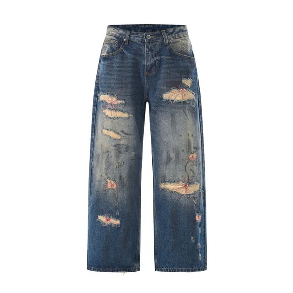 Men's Loose Straight Blue Washed Graffiti Distressed Jeans - High Waist Relaxed Fit Casual Denim Pants For Teens & Young Adults_mkmklike.com