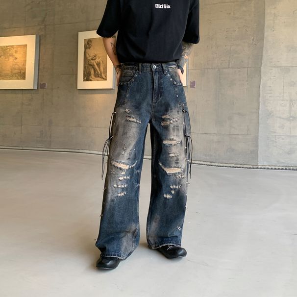 Men's Vintage Distressed Denim Pants - Oversized Baggy Jeans With Frayed Hem & Streetwear Aesthetic (S-3XL, Washed Blue)_mkmklike.com