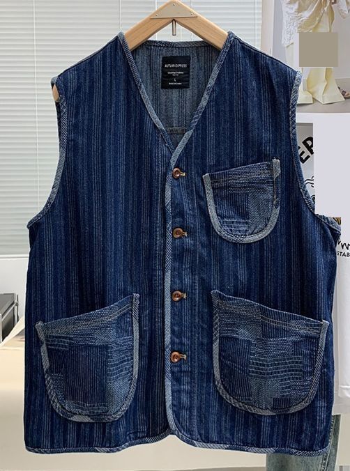 Men's Casual Denim Vest With V-Neck & Multiple Pockets - Loose Fit Unisex Workwear Jacket For Summer_mkmklike.com