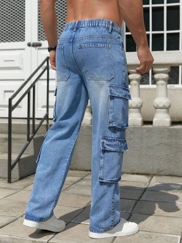 Men's Wide Leg Denim Jeans – Relaxed Fit Washed Blue Jeans, Non-Stretch Cotton (Lake Blue, S-XXL)_mkmklike.com