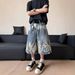 Men's Clothing Unisex High Street Lightning Bolt Pattern Denim Capri Shorts Street Style Over The Knee Mid Length Loose Wide Leg Trendy_mkmklike.com
