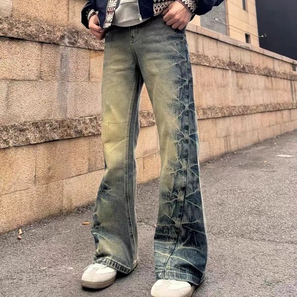 Men's Retro Distressed Washed Denim Jeans Loose Fit Casual Versatile Straight Leg High Street Style Wide Leg 2026 American_mkmklike.com