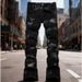 Unisex Matte Black Flared Jeans, White Hand-Drawn Scratch Embroidery & Light Distressing, Subculture Hip Hop Motorcycle Dark Streetwear Stacked, Breat_mkmklike.com