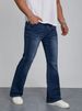 Men's Trendy Stretch Denim Trousers Slim Fit Business Casual Flared Hem Navy Blue_mkmklike.com