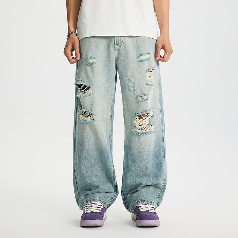 Men's Clothing Men's Ice Silk Ripped Jeans - Summer Breathable Straight Leg Pants, American Style Loose Fit Lyocell Wide Leg Trousers (Light Blue)_mkmklike.com
