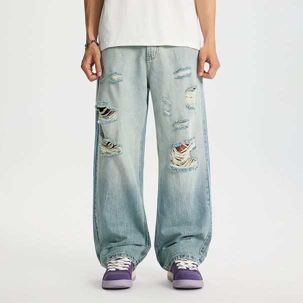 Men's Clothing Men's Ice Silk Ripped Jeans - Summer Breathable Straight Leg Pants, American Style Loose Fit Lyocell Wide Leg Trousers (Light Blue)_mkmklike.com