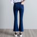 Korean-style High-waisted Cropped Flared Jeans For Women, Stretchy Slimming With Frayed Edges And Tassel Details_mkmklike.com