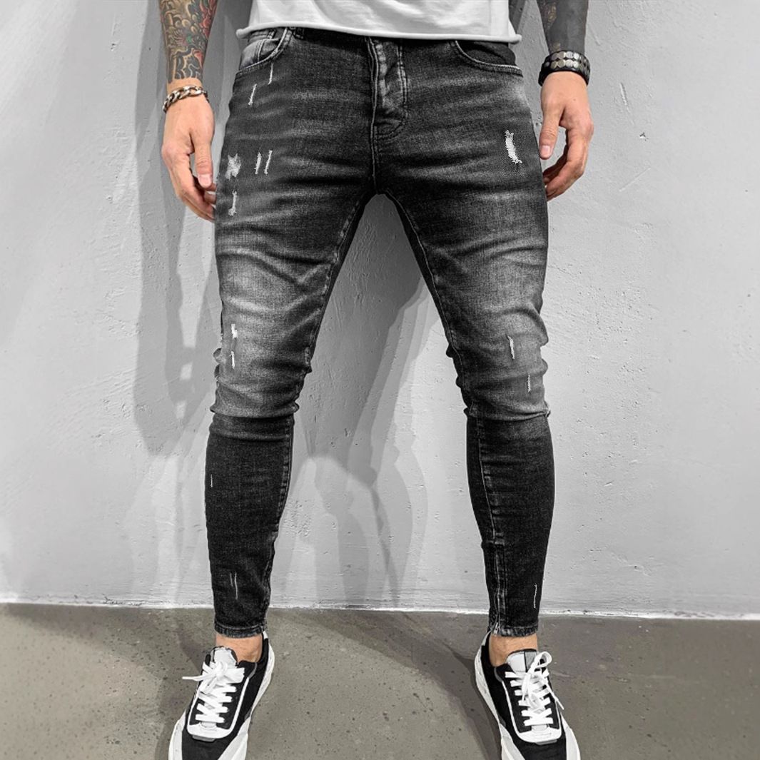 Men's Clothing Distressed Trendy Gray Slim Fit Jeans Men's Slim Fit Distressed Grey Jeans - Stretch Denim Skinny Jeans For Men With Ripped Details_mkmklike.com
