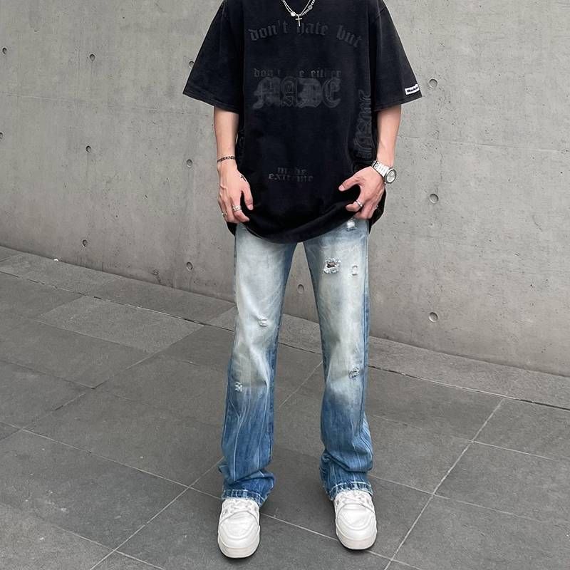 Men's Clothing Ripped Flared Jeans Men's Distressed Washed Ripped Flare Jeans - Vintage High Street Cleanfit Vibe Straight Denim Pants_mkmklike.com
