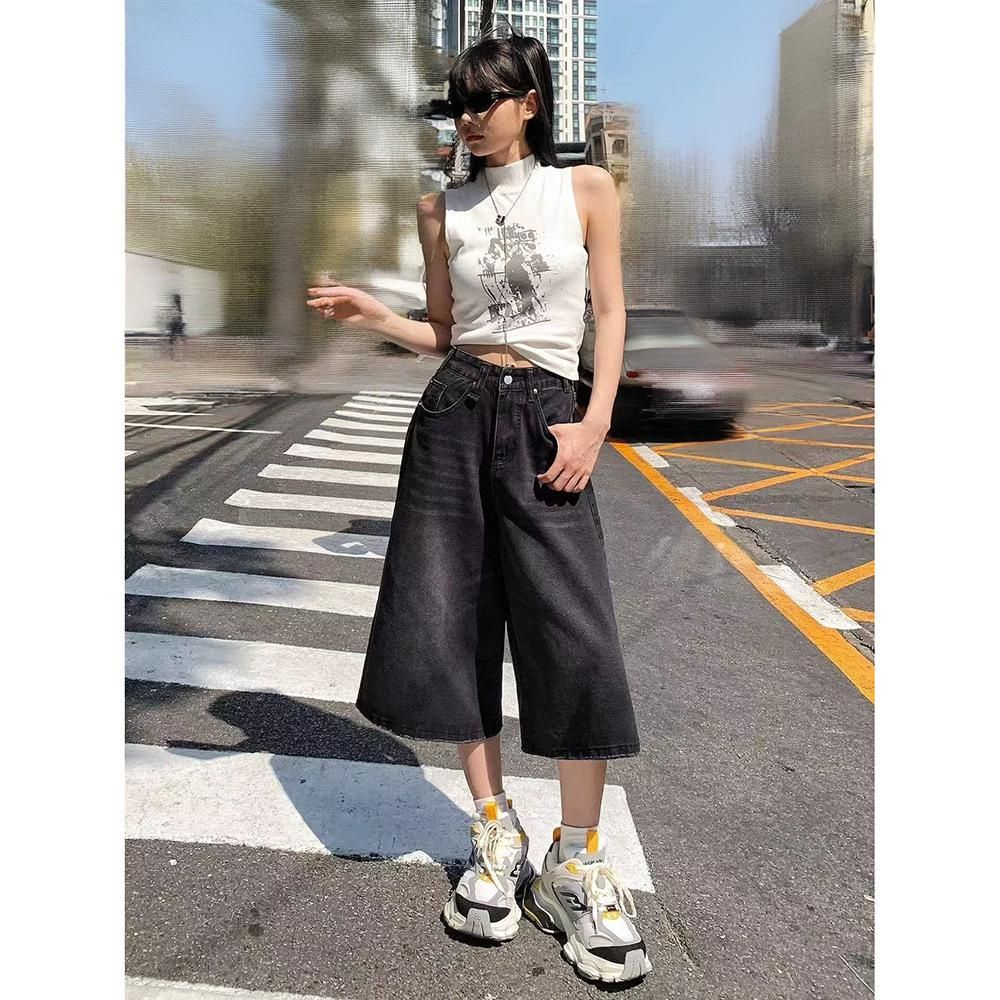 Men's Clothing Vintage High-Waisted Loose Fit Denim Shorts – Retro Washed Cotton Casual Capri Pants In White, Light Blue, Black, Classic Blue_mkmklike.com