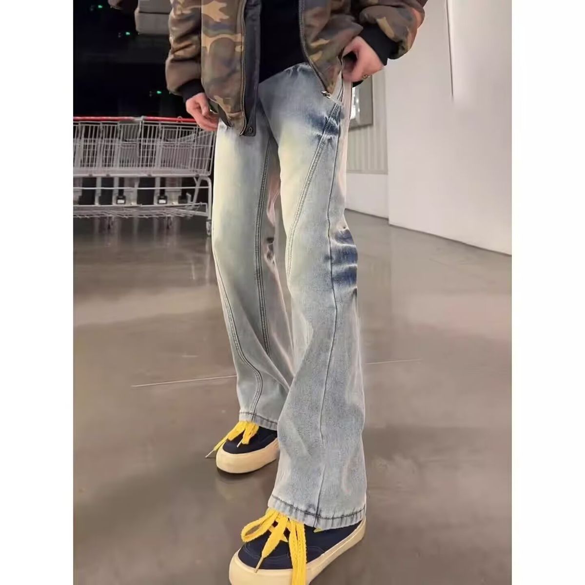 Light Blue Lightning Wash Ripped Jeans Straight Leg Trousers Men's Cleanfit High Street Style Vibe Pants_mkmklike.com