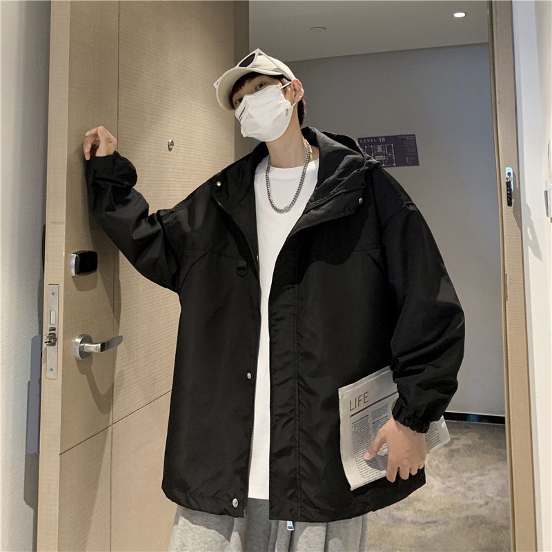Men's Baseball Spring Autumn Japanese Retro Trendy BF Casual Loose Solid Color Versatile Hooded Jacket Cardigan_mkmklike.com