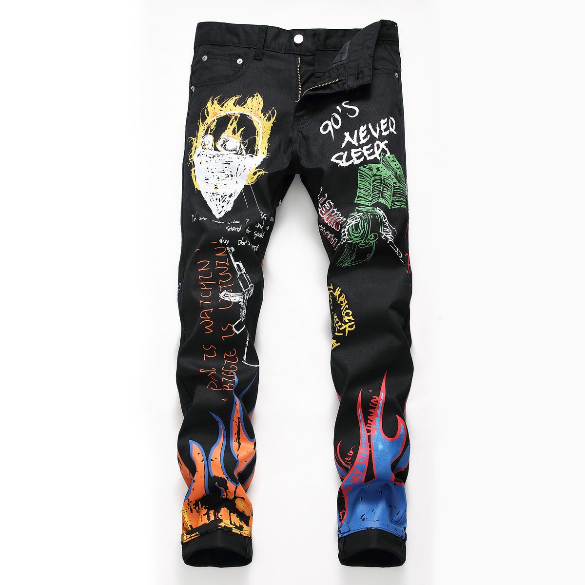 High Street Trendy Men's Stretch Slim Fit Jeans 3D Printed Black With Skull Graffiti Mid Rise Trousers_mkmklike.com