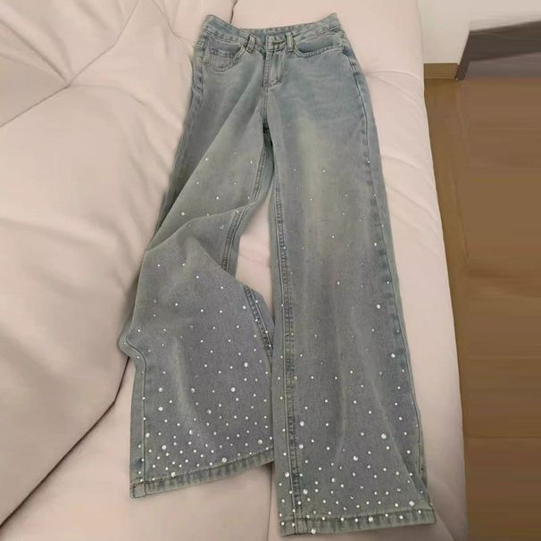 plus Size High-Waisted Wide Leg Jeans Light Wash Rhinestone Embellished Loose Fit Floor-Length Straight Denim For Women_mkmklike.com
