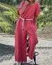 Women's Casual Solid Color V-neck Jumpsuit Mid-waist Pocket Jumpsuit with Belt_mkmklike.com