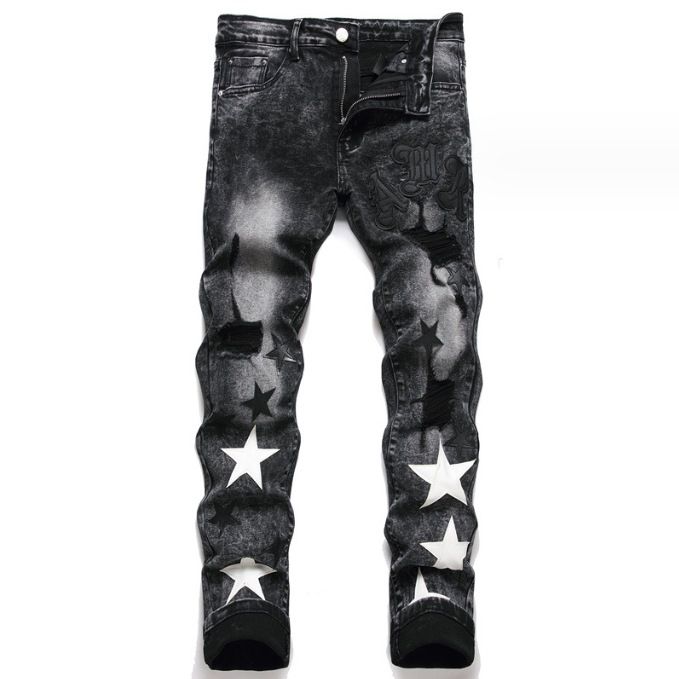 Men's Clothing Slim Stretch Black Men's Jeans Cotton Midweight Skinny Pants With Embroidered Leather Label Hole Star Shaped Fashion_mkmklike.com