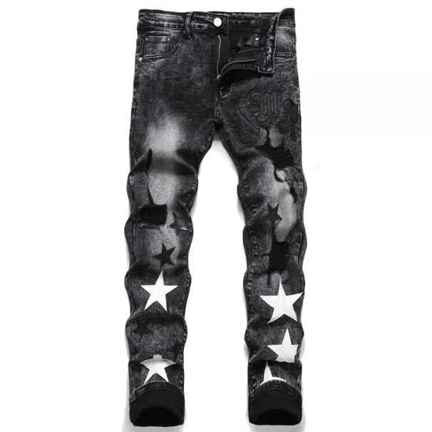 Men's Clothing Slim Stretch Black Men's Jeans Cotton Midweight Skinny Pants With Embroidered Leather Label Hole Star Shaped Fashion_mkmklike.com