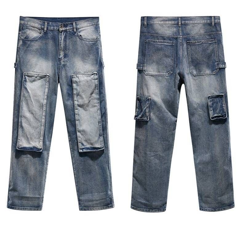 Streetwear Patchwork Cargo Jeans For Men | Vintage Washed Denim Pants | Oversized Relaxed Fit With Multi-Pocket Design_mkmklike.com