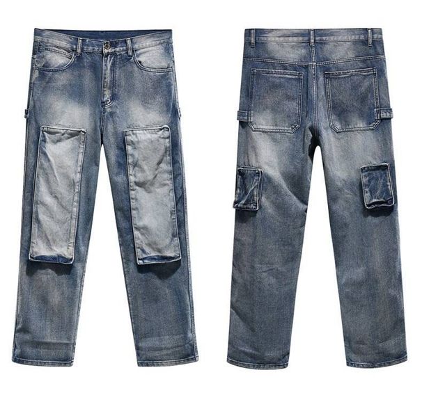 Streetwear Patchwork Cargo Jeans For Men | Vintage Washed Denim Pants | Oversized Relaxed Fit With Multi-Pocket Design_mkmklike.com
