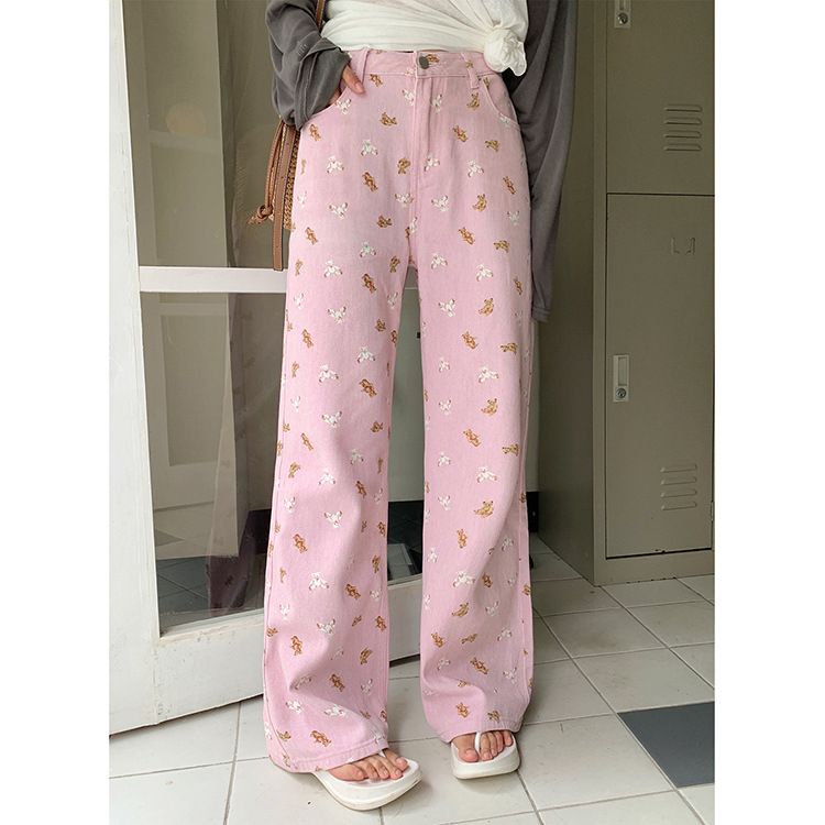 Korea Sweet Pink Printed Jeans For Women Spring/summer Straight Leg Wide Leg Casual Pants 2025 Y2K Casual Street Jeans For Women_mkmklike.com