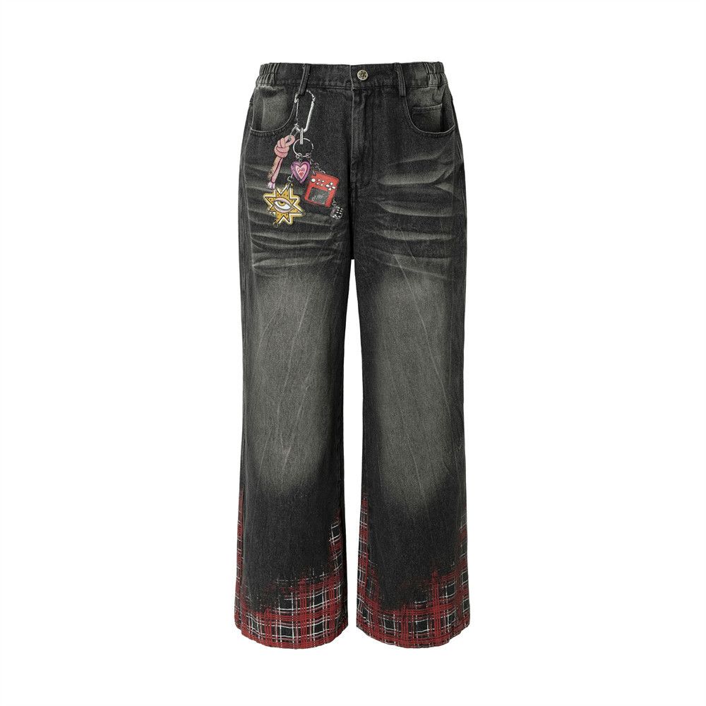 Color Block Plaid Loose Jeans Men's Trendy Design Heavy Washed Vintage Fun Print Wide Leg Pants_mkmklike.com