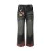 Color Block Plaid Loose Jeans Men's Trendy Design Heavy Washed Vintage Fun Print Wide Leg Pants_mkmklike.com