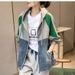 Oversized Color-Block Hooded Jacket For Women – Casual Coat, Cotton Blend, Loose Fit, Long Sleeve, Spring/Fall Outerwear (Green/Orange)_mkmklike.com