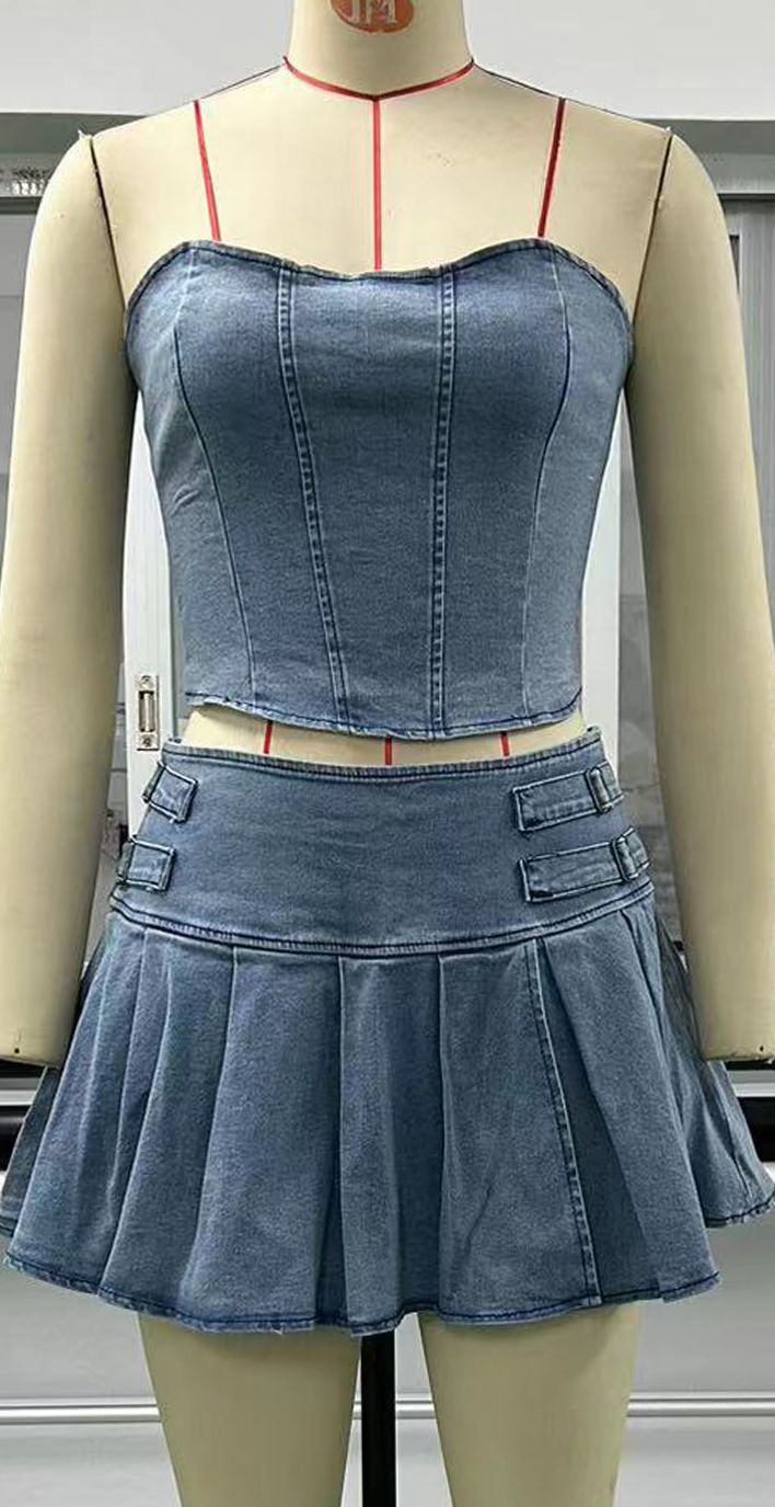 summer tube top denim suit sleeveless hot girl sexy exposed navel high waist slit skirt new SU3289_mkmklike.com