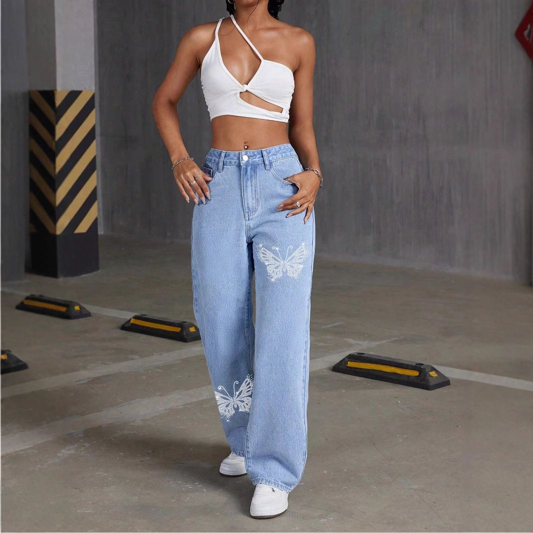 "Y2K Rhinestone Butterfly Embellished Jeans - Straight Leg Slim Fit Denim Pants For Women, Light Blue Distressed Vintage Style"_mkmklike.com