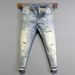 Men's Clothing Men's Slim Fit Skinny Jeans Trendy Paisley Patch Distressed Washed High Street Fashion Summer Denim Ripped_mkmklike.com